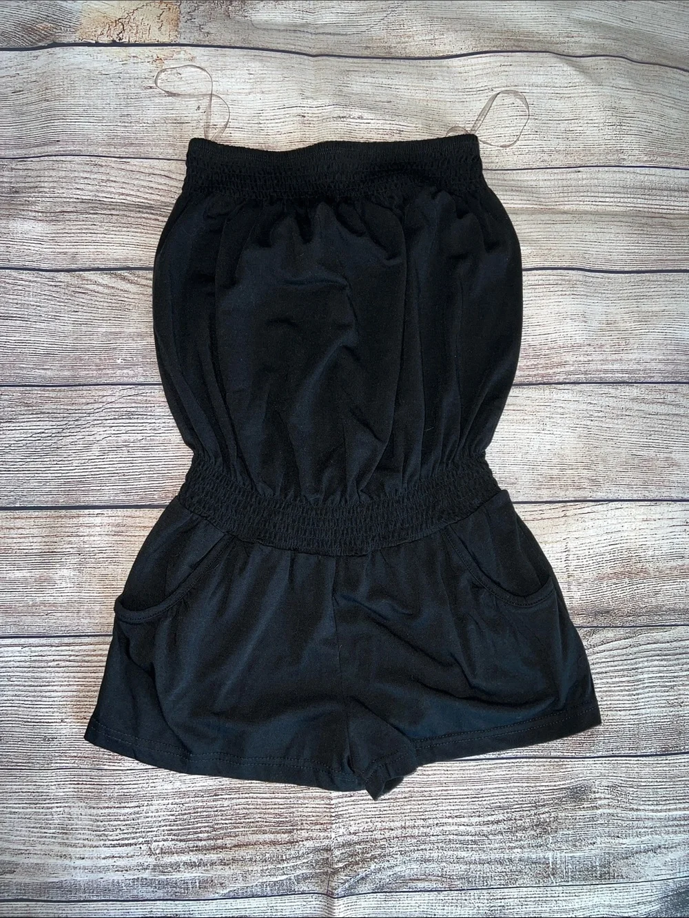 VENUS Black Strapless Smocked Romper
